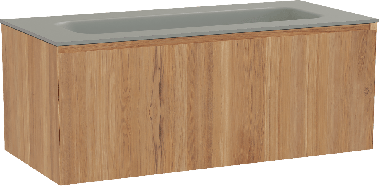 Balmani Idra zwevend badmeubel 120 x 55 cm teakhout met Tablo Arcato enkele wastafel voor 2 kraangaten in solid surface steengrijs