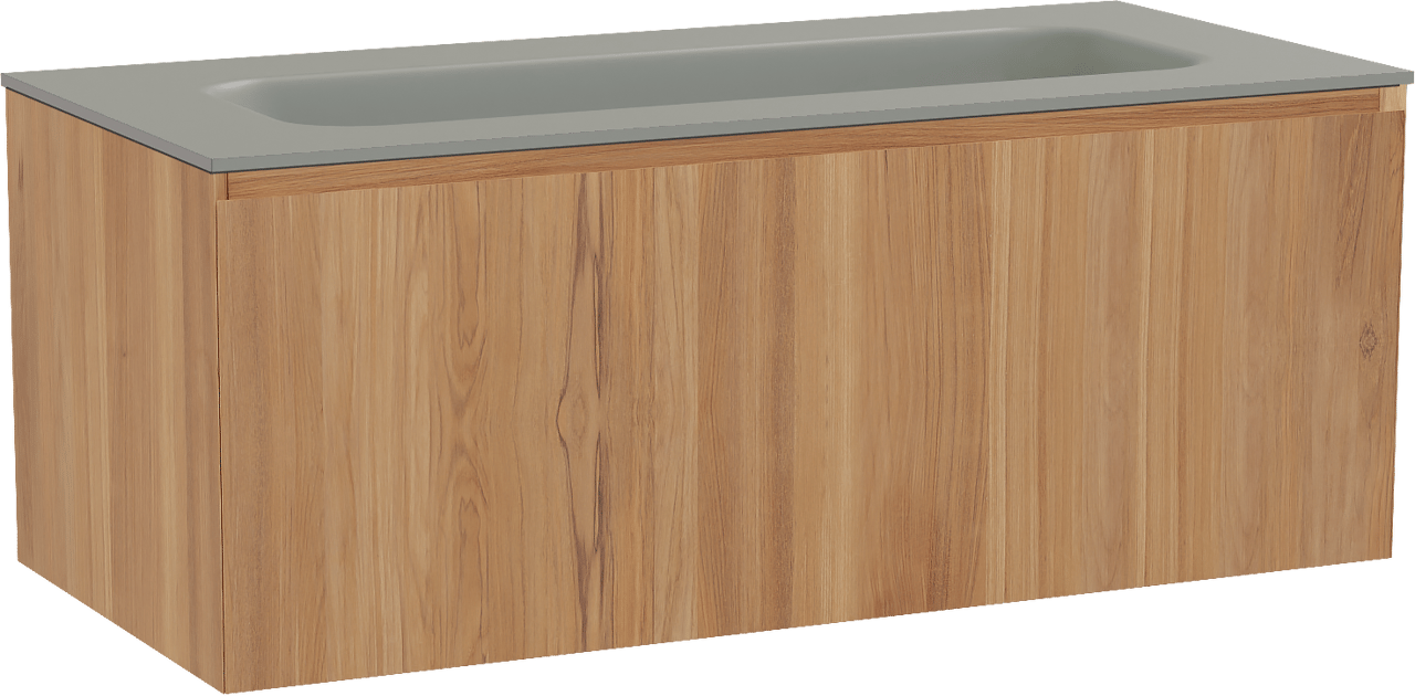 Balmani Idra zwevend badmeubel 120 x 55 cm teakhout met Tablo Arcato enkele wastafel voor 2 kraangaten in solid surface steengrijs