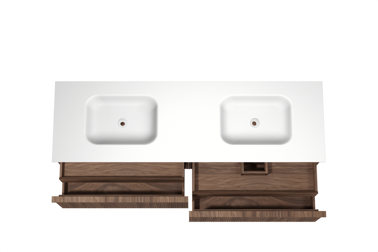 Balmani Forma zwevend badkamermeubel 180 x 55 cm amerikaanse notelaar met Tablo Arcato dubbele wastafel in solid surface mat wit, Verticale symmetrische rechte ribbel