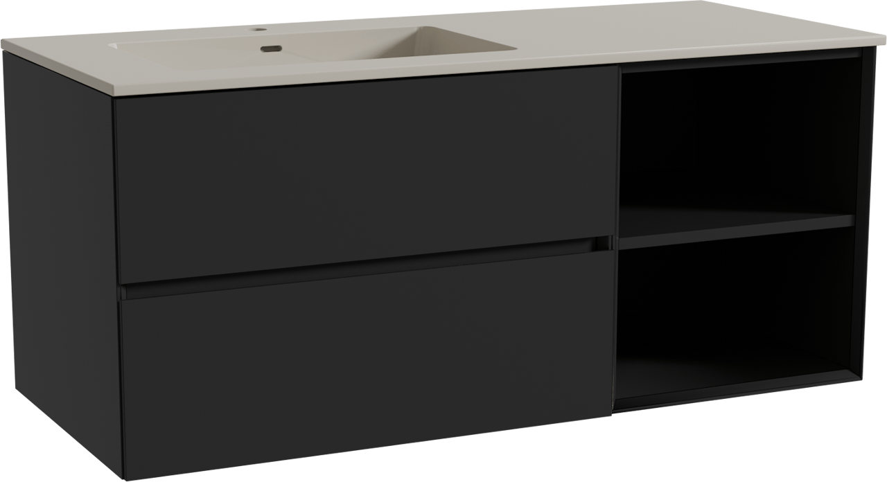 Storke Edge hängendes Möbelstück Set: 120 x 52 cm, Schwarz matt, mit Diva Waschtisch links, Top Solid Seidengrau