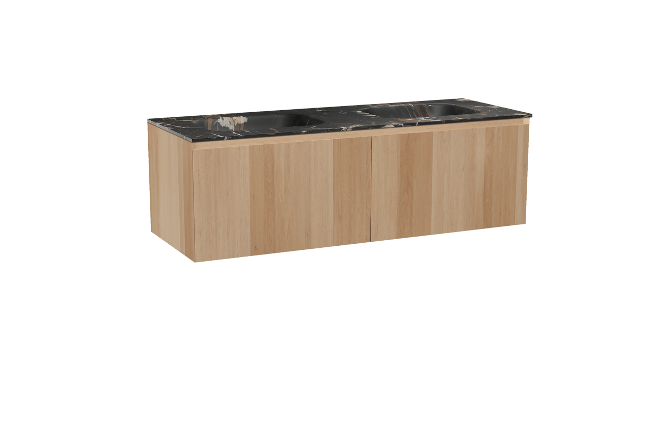 Balmani Idra hängendes Möbelstück Set: 150 x 55 cm, Naturbelassene Eiche, mit Tablo Arcato Doppelwaschtisch, Marmor Portoro Gold