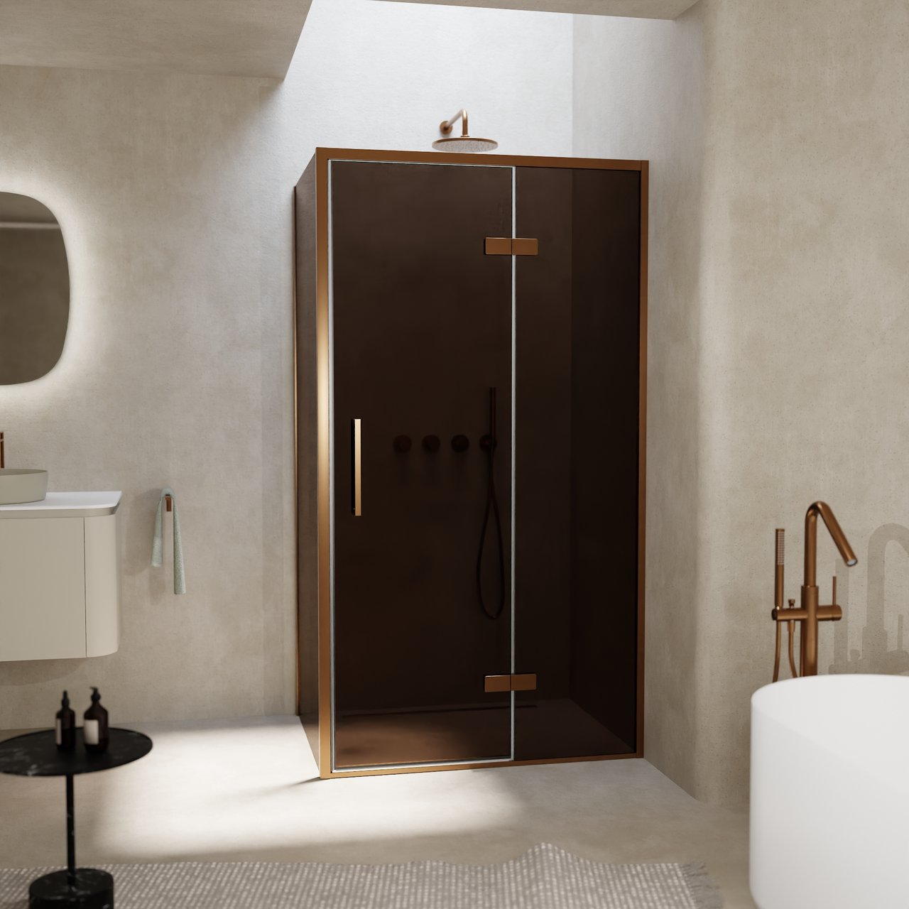 Balmani Senses Design Eckdusche: Drehtür (Rechts) mit fixierte Seitenwand, 100 x 90 cm, Bronze, Profil Brushed Rosegold