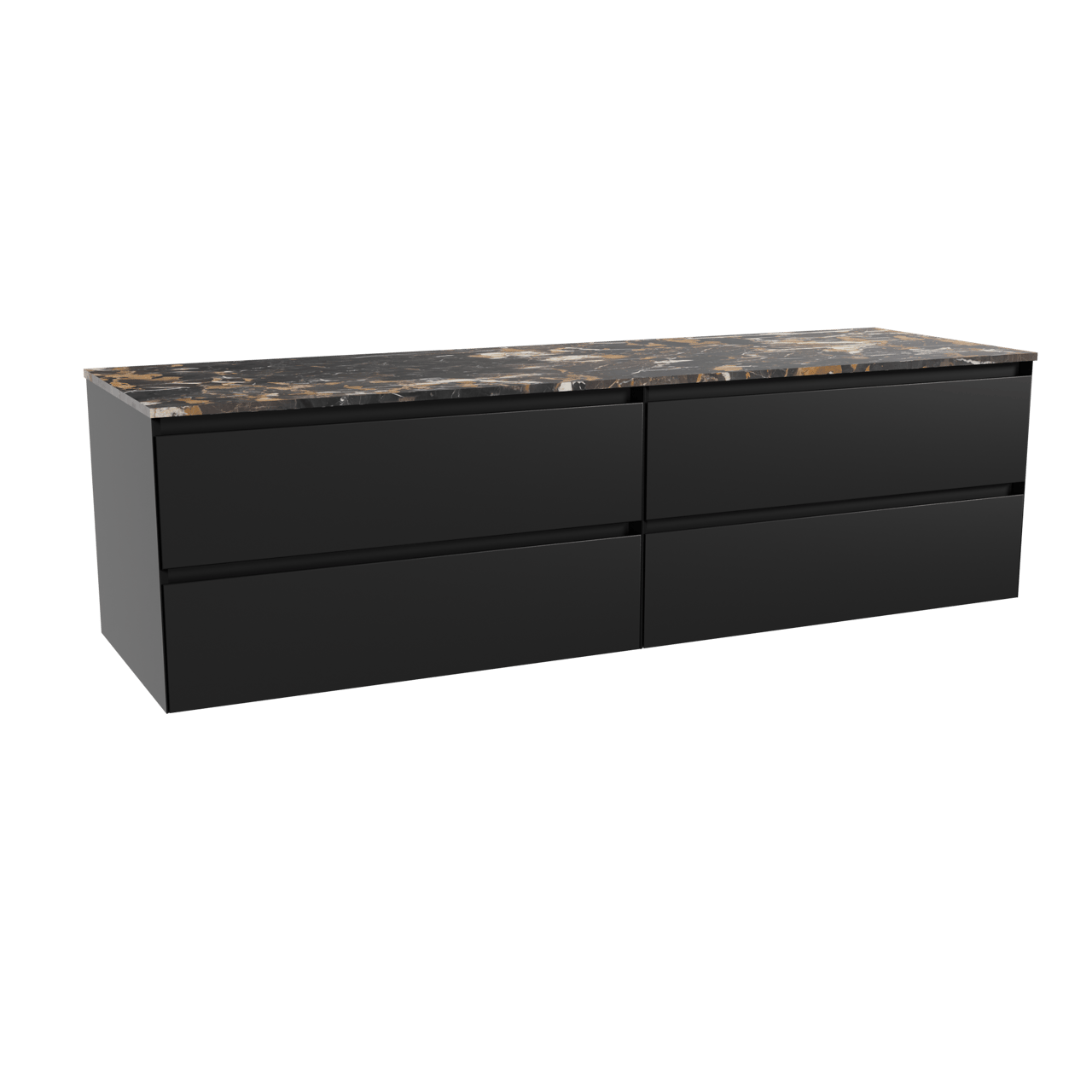 Balmani Mitra hängendes Möbelstück Set: 180 x 55 cm, Schwarz matt, mit Stretto Einzel- oder Doppel Waschtischplatte, Marmor Portoro Gold