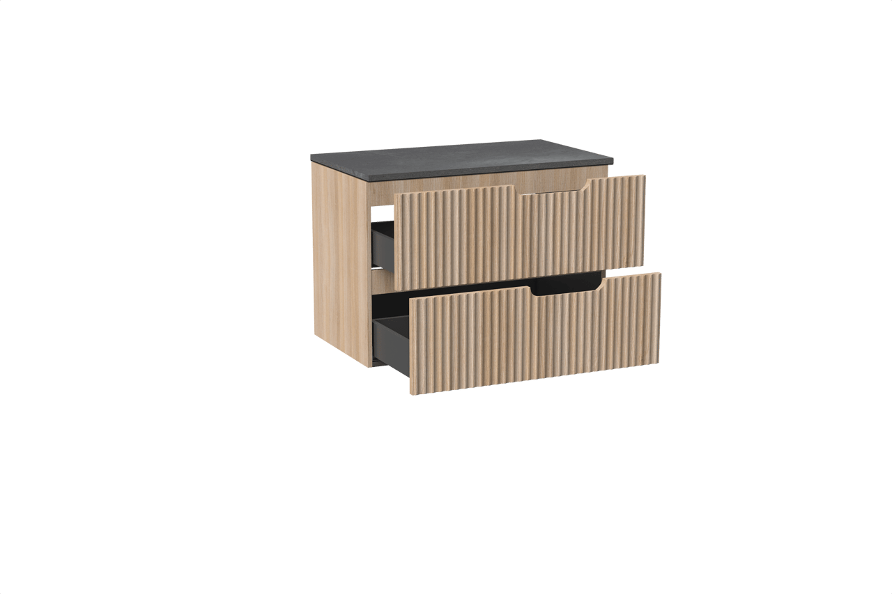 Linie Ribbo hängendes Möbelstück Set: 80 x 46 cm, Helle Eiche, mit Lado Einzel Waschtischplatte, Melamin, Schiefergrau, Vertikale symmetrische runde Rippe