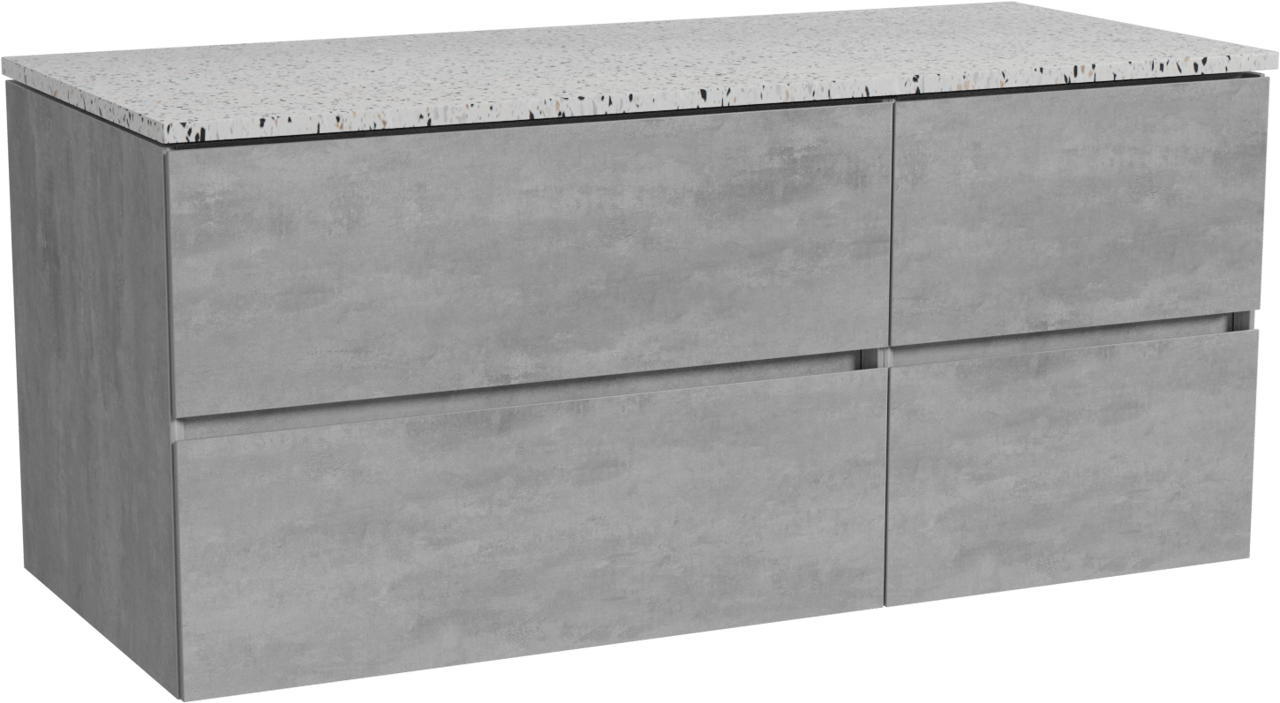Storke Edge zwevend badmeubel 120 x 52 cm beton donkergrijs met Tavola enkel of dubbel wastafelblad in mat wit/zwart terrazzo