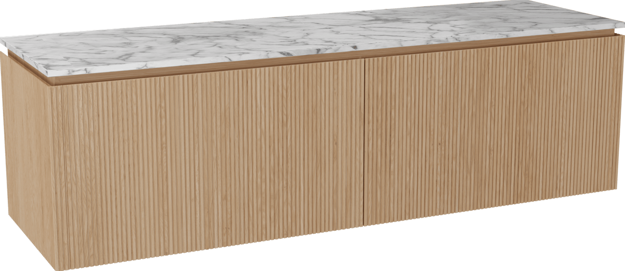 Balmani Eclips zwevend badkamermeubel 180 x 55 cm Natuur eik met Stretto enkel of dubbel tablet in Carrara marmer, Verticale symmetrische rechte ribbel