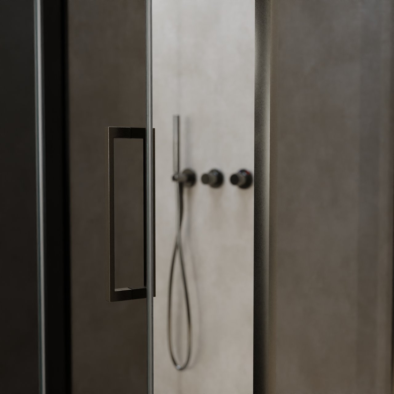 Balmani Senses Design douchecabine met linkse draaideur en vaste zijwand, 100 x 100 cm, Rookglas, Brushed GunMetal profielen