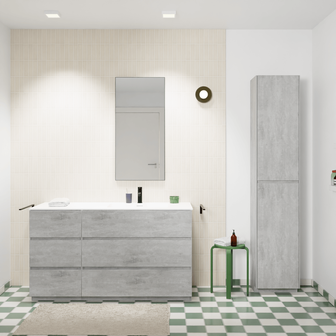 Storke Edge freistehendes Möbelstück Set: 140 x 52 cm, Beton dunkelgrau, mit Mata Waschtisch rechts, Solid Surface Weiß matt