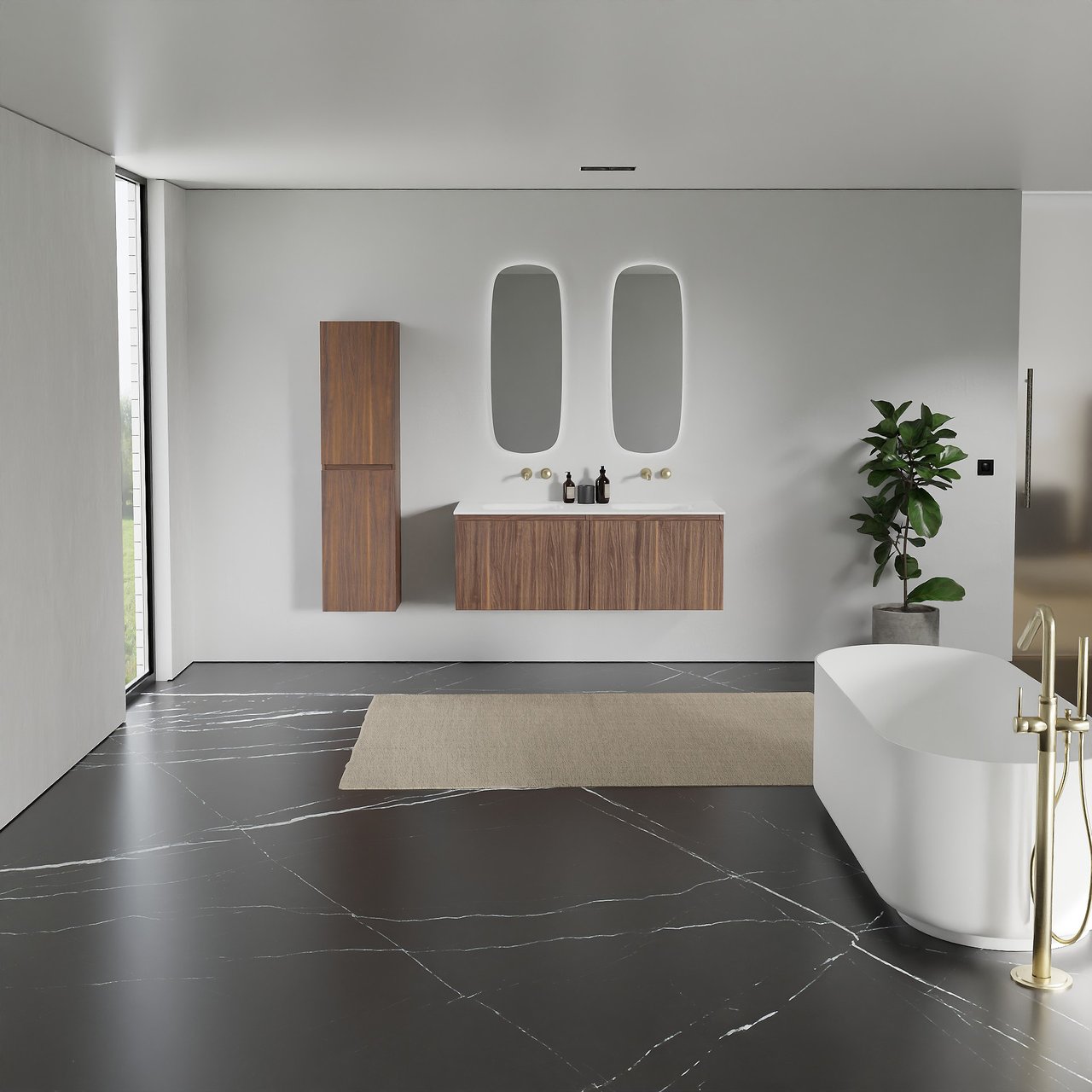 Balmani Sfera zwevend badmeubel 135 x 55 cm amerikaans notenhout met Tablo Arcato dubbele wastafel in solid surface mat wit