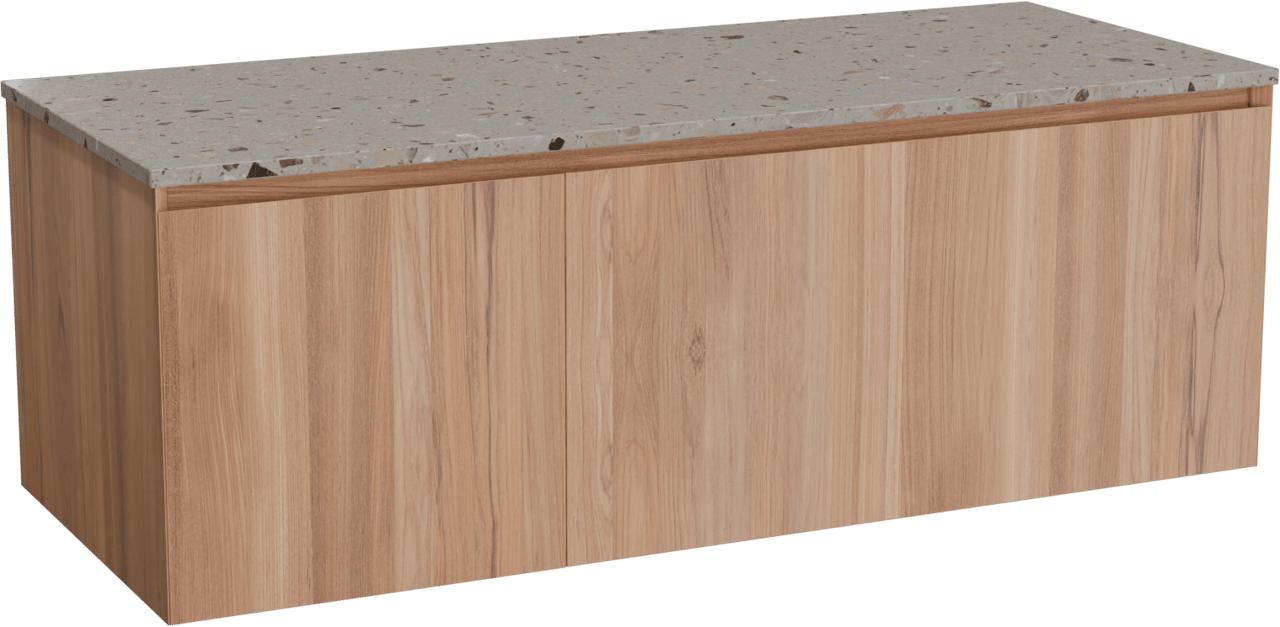 Balmani Idra zwevend badmeubel 135 x 55 cm teakhout met Stretto enkel of dubbel wastafelblad in terrazzo greige terrazzo