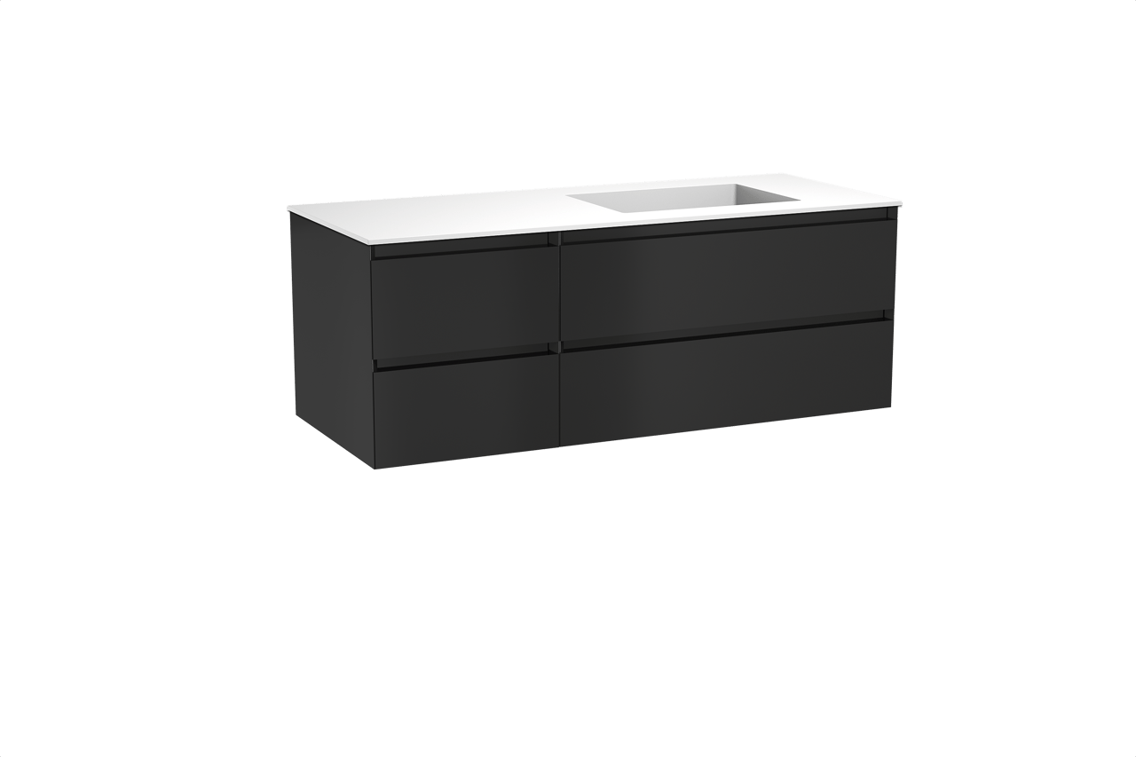 Balmani Mitra hängendes Möbelstück Set: 135 x 55 cm, Schwarz matt, mit Tablo Stretto Waschtisch rechts, Solid Surface Weiß matt