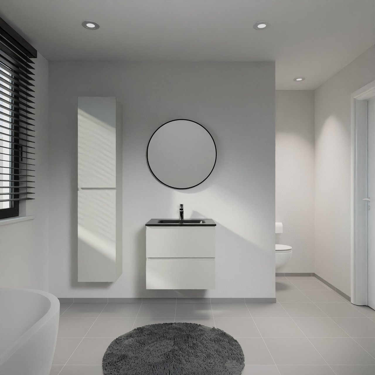 Linie Lado hängendes Möbelstück Set: 60 x 46 cm, Greige, mit Baro Einzelwaschtisch, Porzellan Schwarz matt