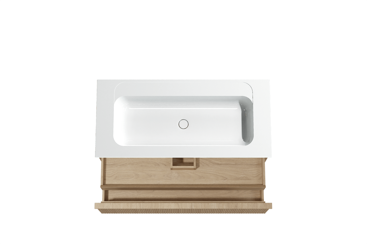 Balmani Forma zwevend badkamermeubel 120 x 55 cm natuur eik met Tablo Strada enkele wastafel in composietmarmer glanzend wit, Verticale symmetrische rechte ribbel