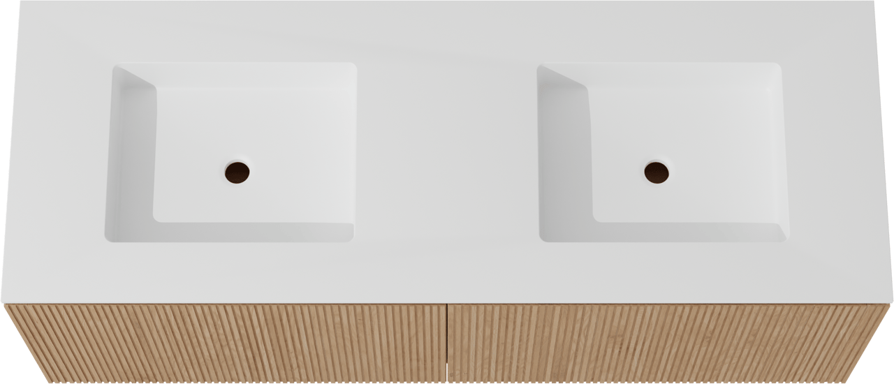 Balmani Eclips zwevend badkamermeubel 150 x 55 cm Natuur eik met Tablo Stretto dubbele wastafel in Solid Surface mat wit, Verticale symmetrische rechte ribbel