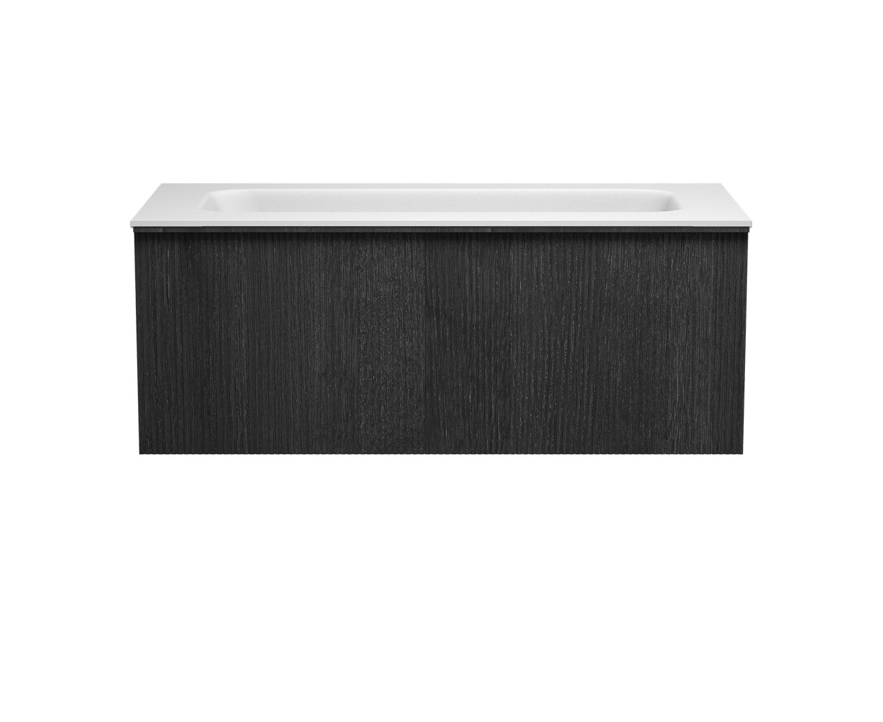 Balmani Forma zwevend badmeubel 120 x 55 cm zwart eiken met Tablo Arcato enkele wastafel voor 2 kraangaten in solid surface mat wit, Verticale symmetrische rechte ribbel