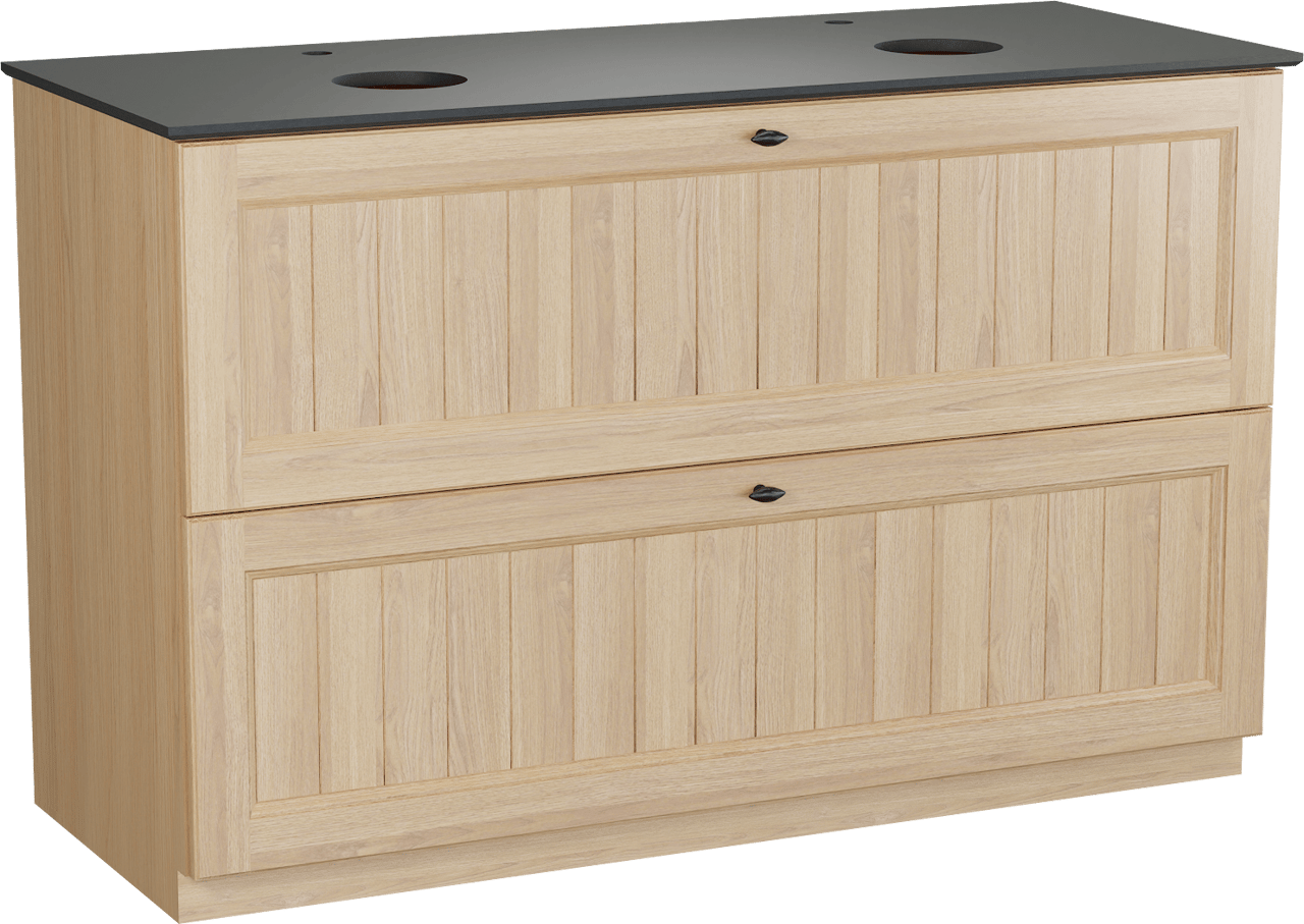 Balmani Lemon staand badkamermeubel 135 x 55 cm, fineer natuur eik met Facetta dubbel tablet in graniet zwart