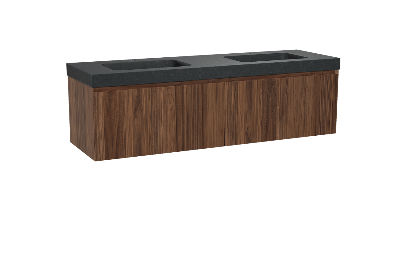 Balmani Idra hängendes Möbelstück Set: 180 x 55 cm, Nussbaum, mit Napoli Doppelwaschtisch, Schwarzes Granit