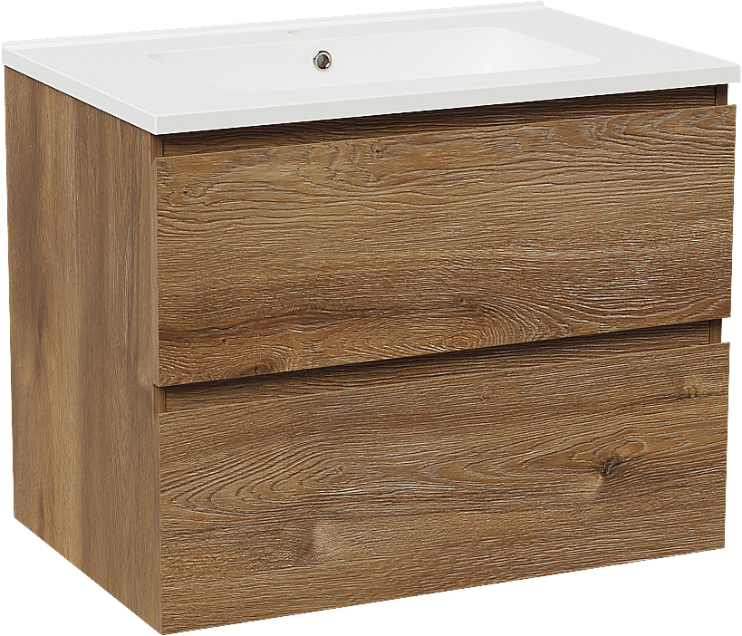 Linie Lado zwevend badkamermeubel 70 x 46 cm bruine eik met Vano enkele wastafel in composietmarmer glanzend wit