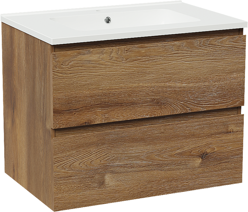 Linie Lado meuble salle de bains suspendu 70 x 46 cm chêne brun avec Vano plan simple en marbre composite blanc brillant