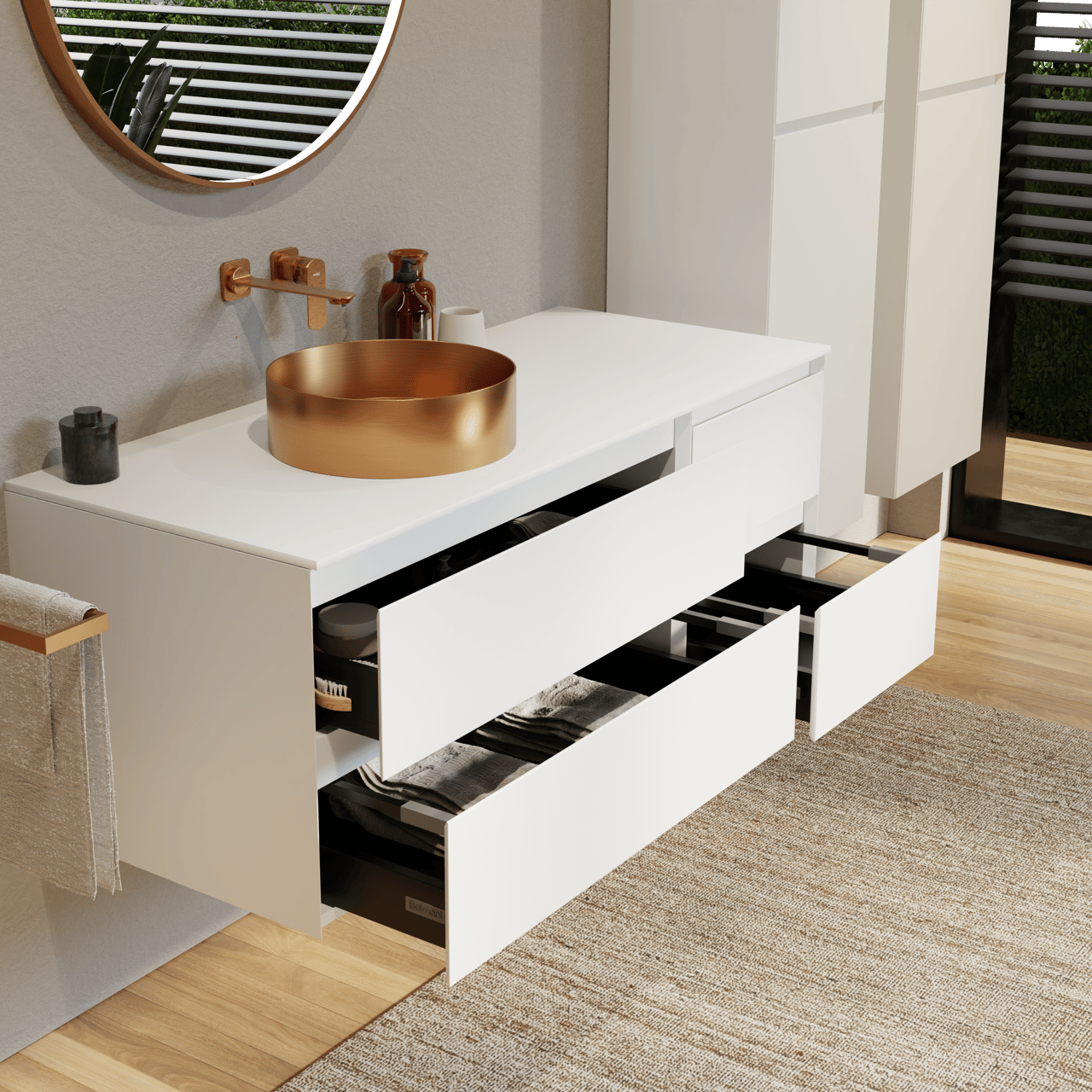 Balmani Mitra meuble salle de bains suspendu 135 x 55 cm blanc mat avec Stretto tablette simple ou double en solid surface blanc mat