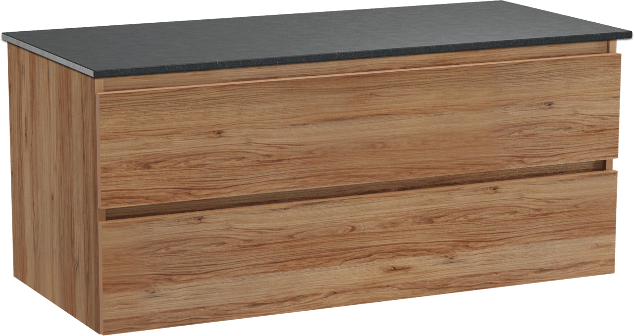 Balmani Lucida hängendes Möbelstück Set: 120 x 55 cm, Teak, mit Stretto Einzel Waschtischplatte, Schwarzes Granit