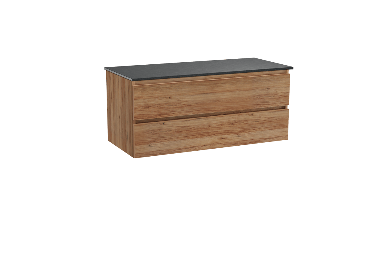 Balmani Lucida hängendes Möbelstück Set: 120 x 55 cm, Teak, mit Stretto Einzel Waschtischplatte, Schwarzes Granit