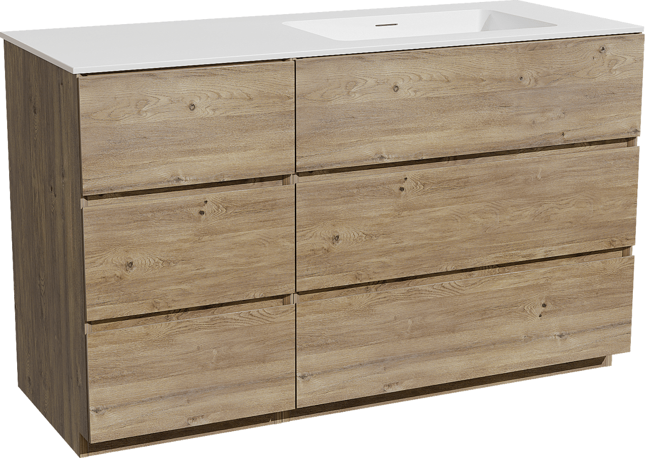 Storke Edge freistehendes Möbelstück Set: 130 x 52 cm, Rohe Eiche, mit Mata Waschtisch rechts, Solid Surface Weiß matt