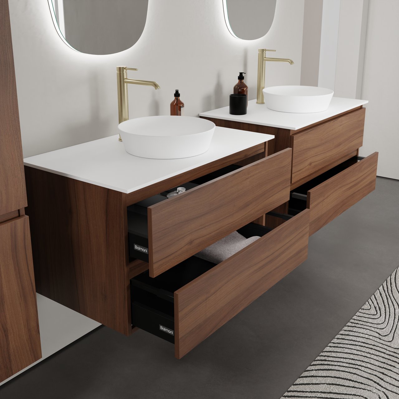 Balmani Lucida meuble salle de bains suspendu 90 x 55 cm noyer américain avec Stretto tablette simple en solid surface blanc mat