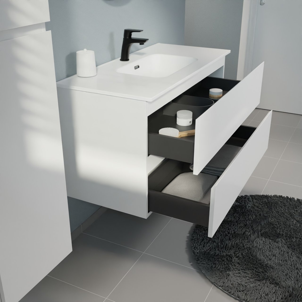 Linie Lado meuble salle de bains suspendu 100 x 46 cm blanc mat avec Baro plan simple en porcelaine blanc brillant