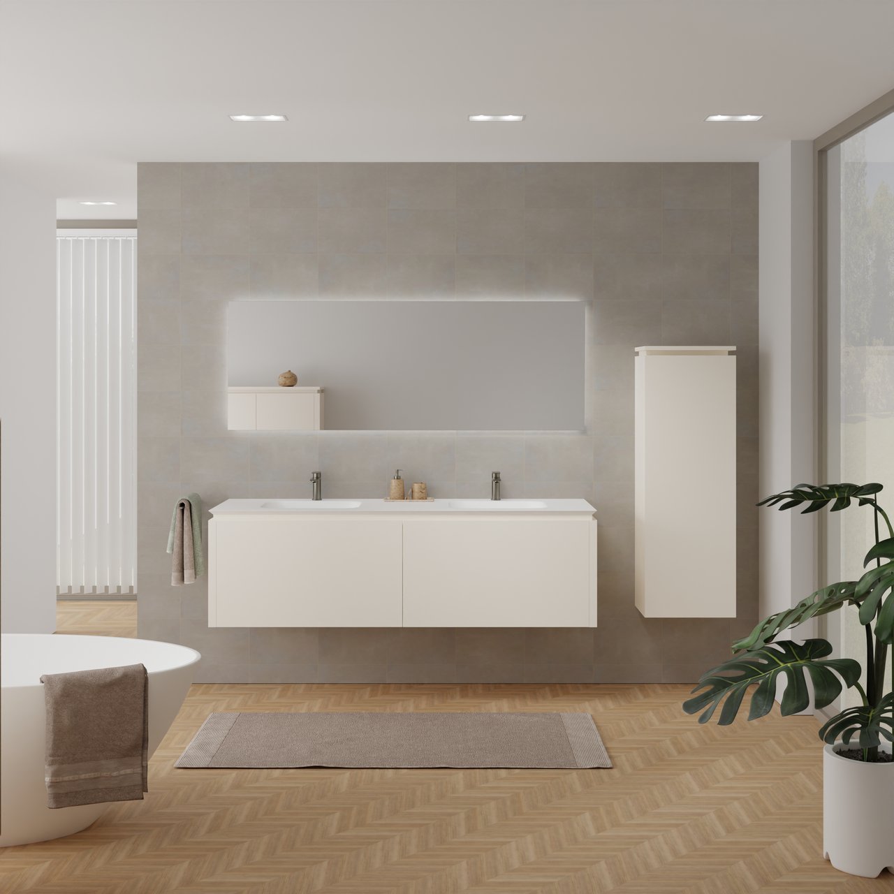 Balmani Eclips hängendes Möbelstück Set: 180 x 55 cm, Sandbeige, mit Eclips Doppelwaschtisch Solid Surface Weiβ matt