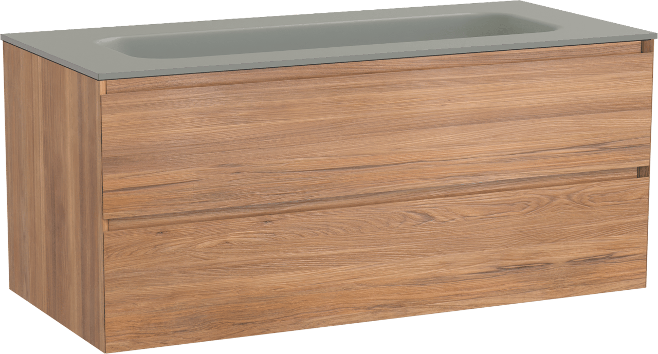 Balmani Mitra zwevend badmeubel 120 x 55 cm teakhout met Tablo Arcato enkele wastafel voor 2 kraangaten in solid surface steengrijs