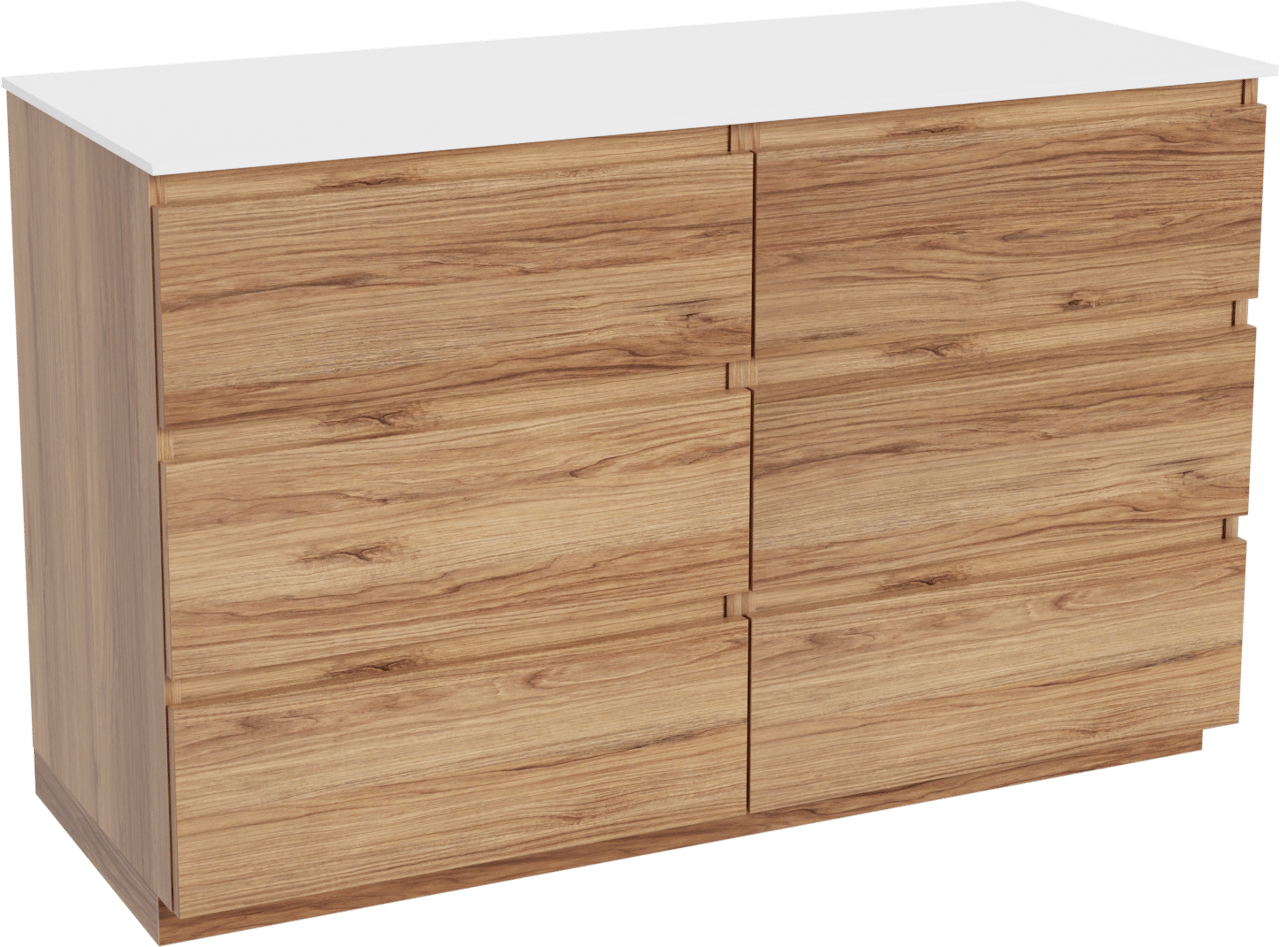 Balmani Lucida staand badkamermeubel 135 x 55 cm teak met Stretto enkel of dubbel tablet in solid surface mat wit
