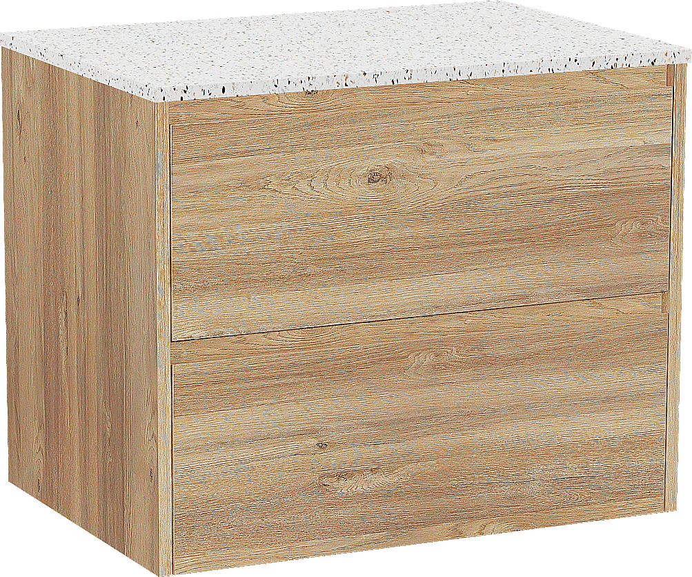 Storke Seda zwevend badmeubel 75 x 52 cm ruw eiken met Tavola enkel wastafelblad in mat wit/zwart terrazzo