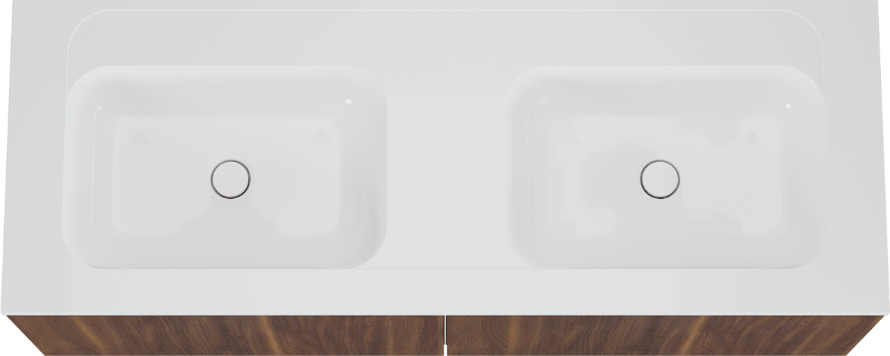 Balmani Sfera zwevend badkamermeubel 150 x 55 cm amerikaanse notelaar met Tablo Strada dubbele wastafel in composietmarmer glanzend wit