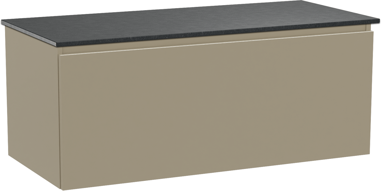 Balmani Sfera hängendes Möbelstück Set: 120 x 55 cm, Dune, mit Stretto Einzel Waschtischplatte, Schwarzes Granit