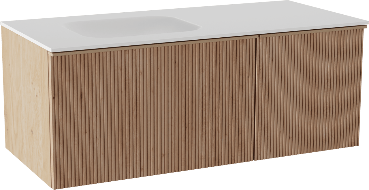 Balmani Forma hängendes Möbelstück Set: 120 x 55 cm, Naturbelassene Eiche, mit Tablo Arcato Waschtisch links, Solid Surface, Weiß matt, Vertikale symmetrische gerade Rippe