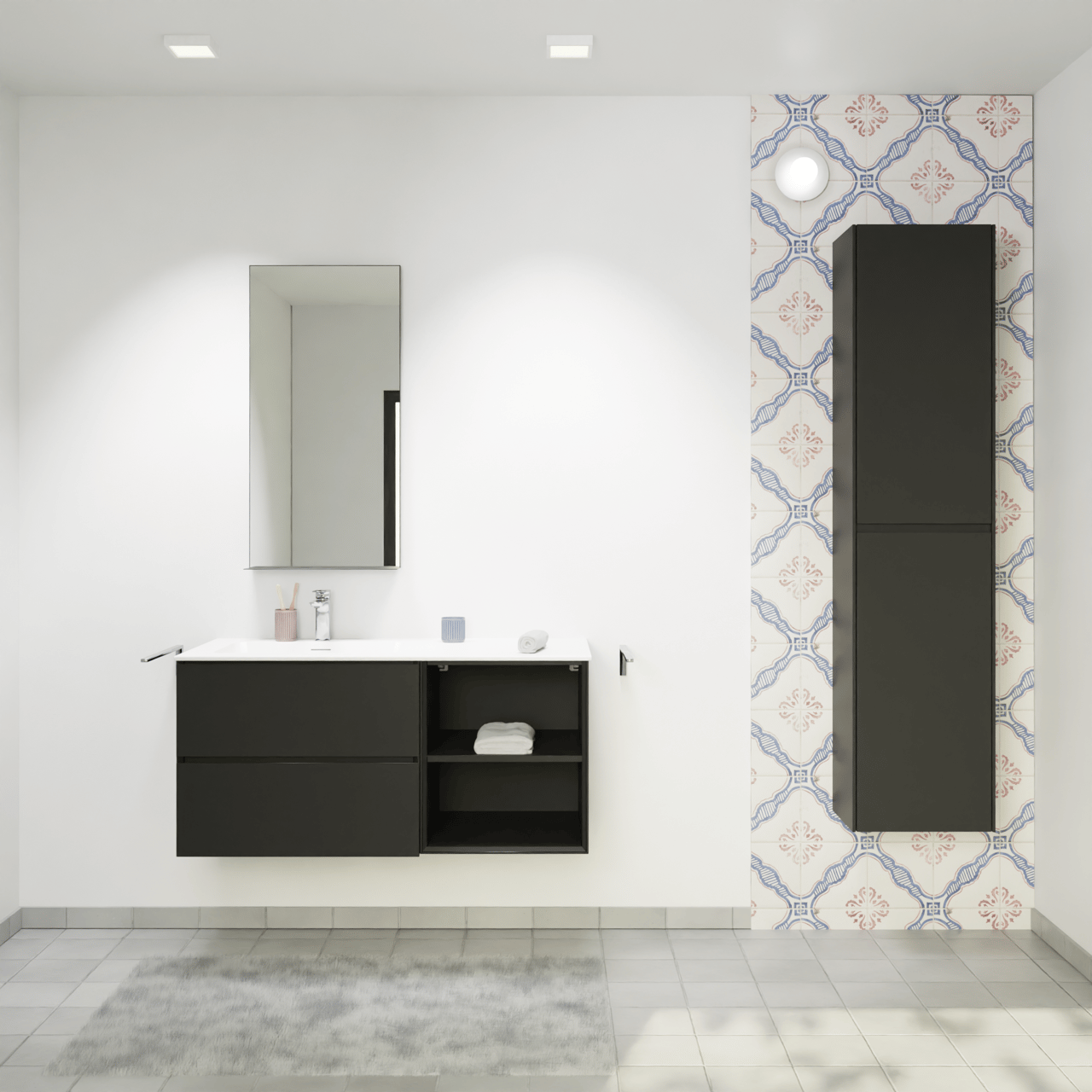 Storke Edge meuble salle de bains suspendu 110 x 52 cm noir mat avec Mata plan vasque asymétrique à gauche en solid surface blanc mat