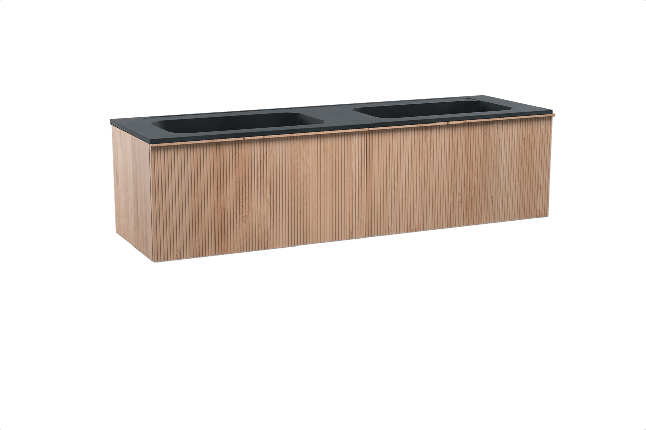 Balmani Forma hängendes Möbelstück Set: 180 x 55 cm, Naturbelassene Eiche, mit Tablo Strada Doppelwaschtisch, Marmorkomposit, Schwarz matt, Vertikale symmetrische gerade Rippe