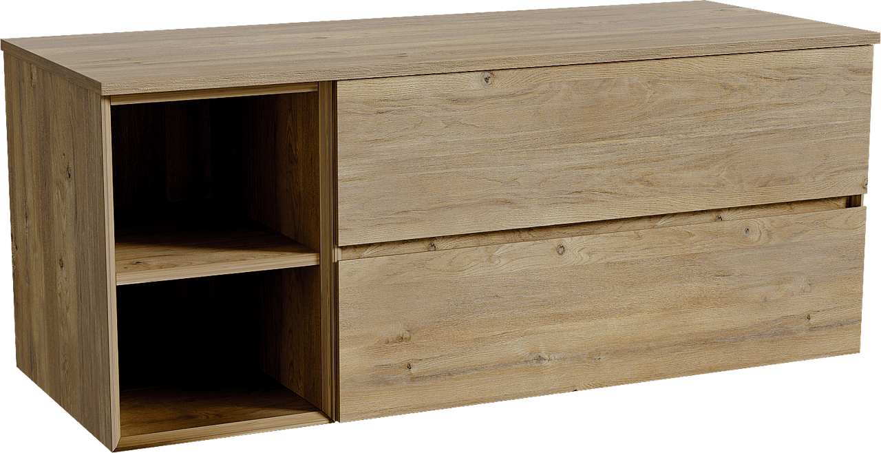 Storke Edge zwevend badkamermeubel 130 x 52 cm ruwe eik met Panton enkel of dubbel tablet in melamine ruwe eik