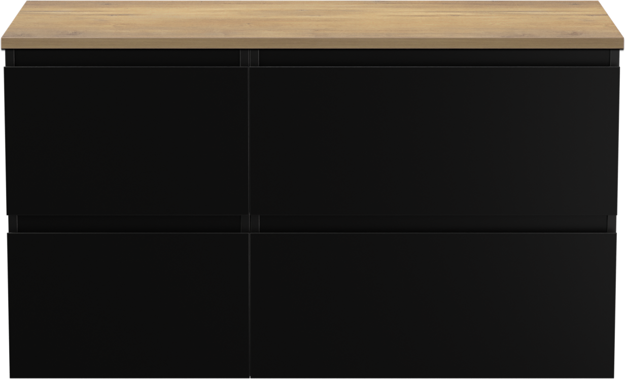 Linie Lado zwevend badmeubel 100 x 46 cm mat zwart met Lado enkel of dubbel wastafelblad in melamine naturel eiken