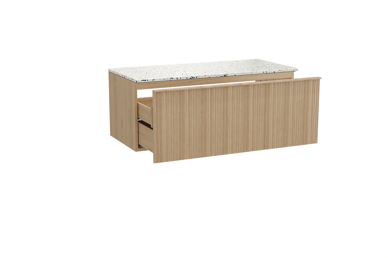 Balmani Forma meuble salle de bains suspendu 120 x 55 cm chêne naturel avec Stretto tablette simple ou double en blanc/noir mat terrazzo, Nervure circulaire asymétrique verticale