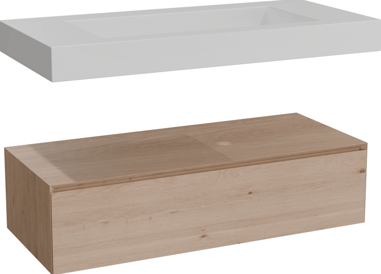 Balmani Mitra Elements hängendes Möbelstück Set: 120 x 55 cm, Naturbelassene Eiche mit Modus Einzelwaschtisch für 2 Armaturenlöcher, Solid Surface Weiß matt