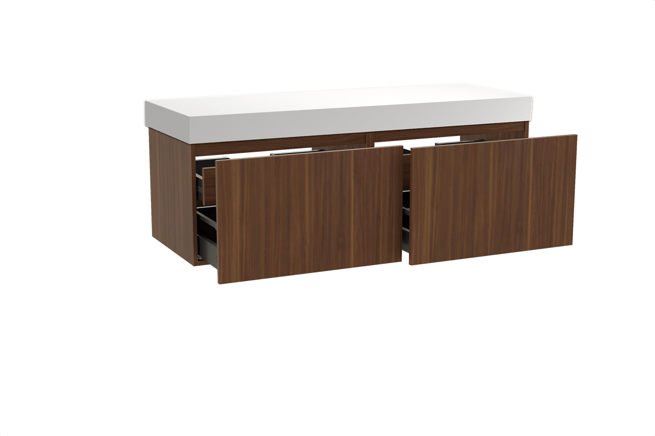 Balmani Sfera zwevend badkamermeubel 150 x 55 cm amerikaanse notelaar met Dominus enkel of dubbel tablet in solid surface mat wit