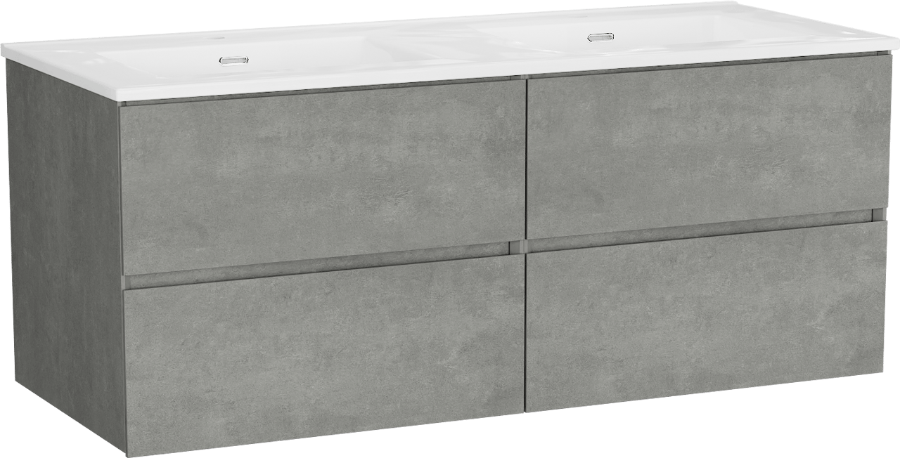 Storke Edge meuble salle de bains suspendu 130 x 52 cm béton gris foncé avec Kera double vasque en porcelaine blanc brillant, bondes incluses