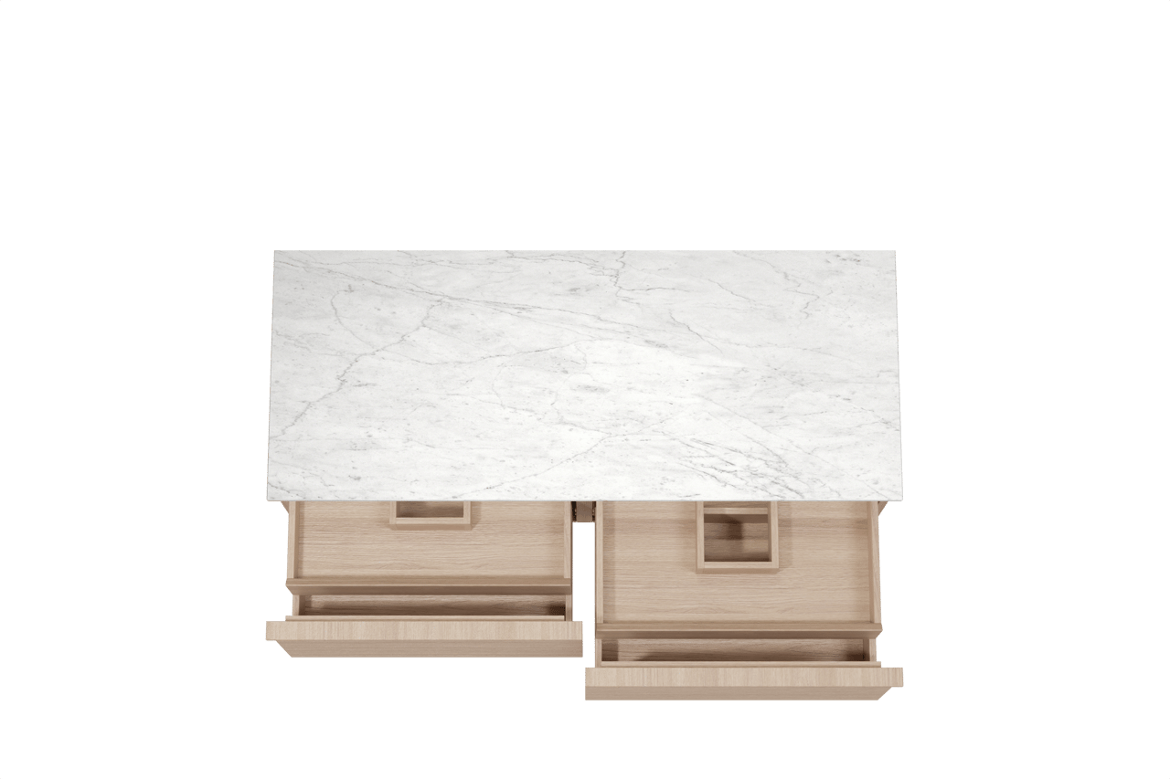 Balmani Forma hängendes Möbelstück Set: 135 x 55 cm, Naturbelassene Eiche, mit Stretto Einzel- oder Doppel Waschtischplatte, Marmor, Carrara, Horizontale symmetrische gerade Rippe