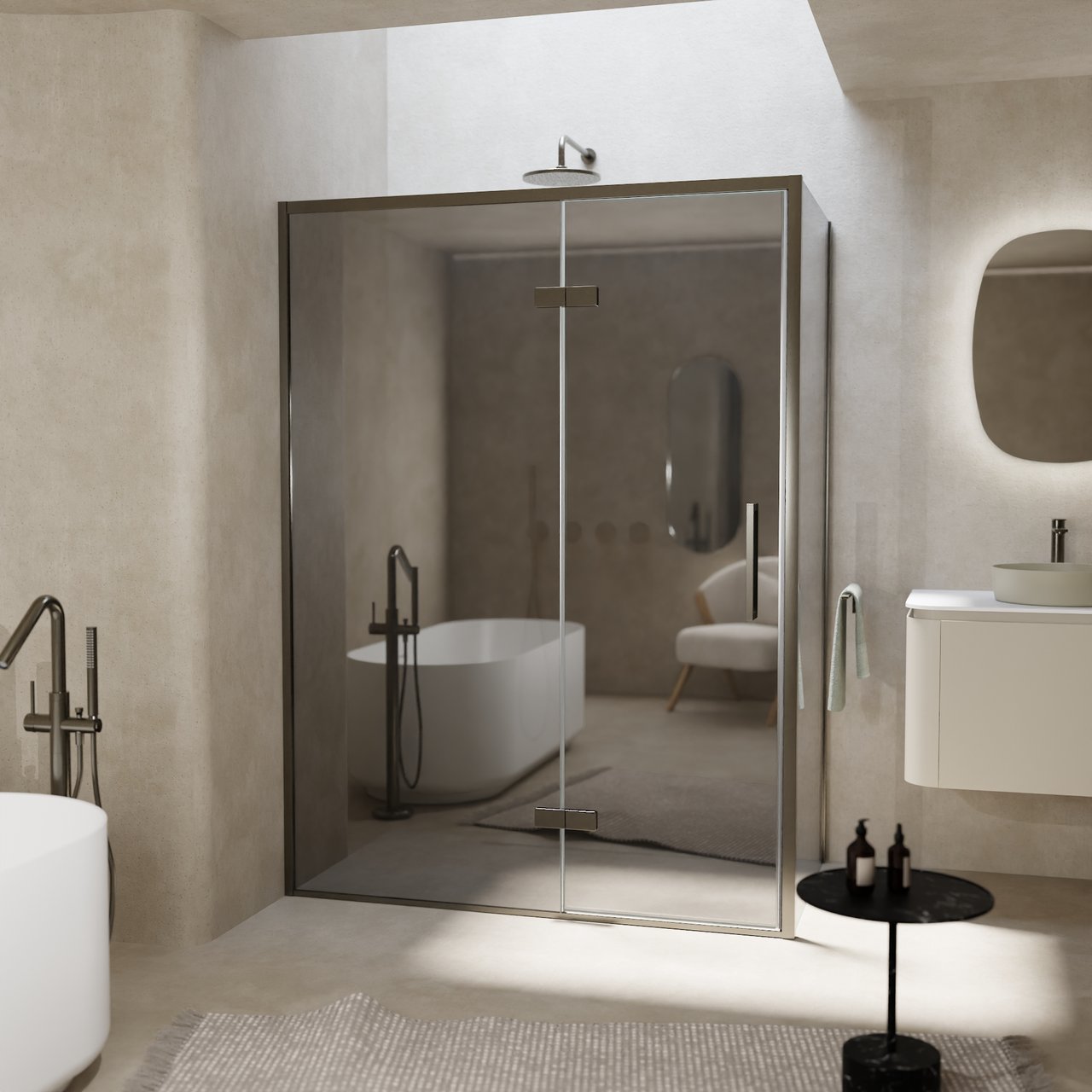 Balmani Senses Design douchehoek met linkse draaideur en vaste zijwand, 140 x 100 cm, Reflex spiegelglas, Brushed GunMetal profielen, met coating