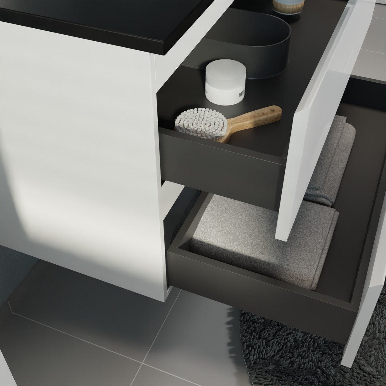 Linie Lado hängendes Möbelstück Set: 90 x 46 cm, Weiß glänzend, mit Vano Einzelwaschtisch, Marmorkomposit Schwarz matt