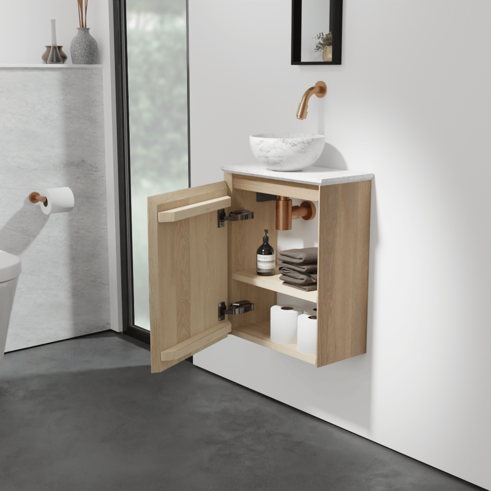 Balmani Mitra zwevend toiletmeubel 42 x 21 cm natuur eik met Facetta tablet en Bari XS waskom in Carrara marmer