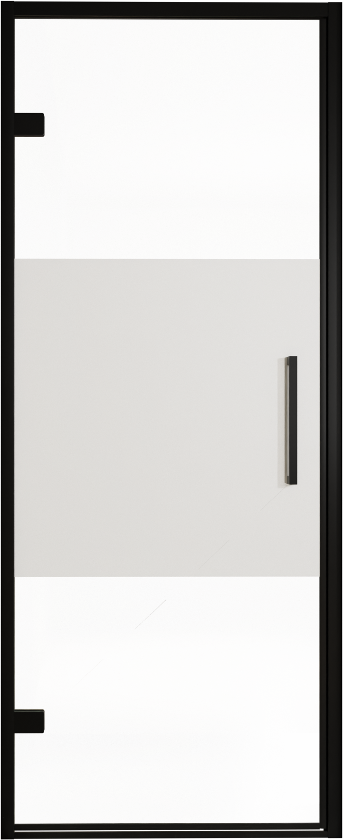 Balmani Senses Design porte pivotante à gauche 90 cm x 210 cm verre transparent avec bande matte, Profil noir, coating inclus