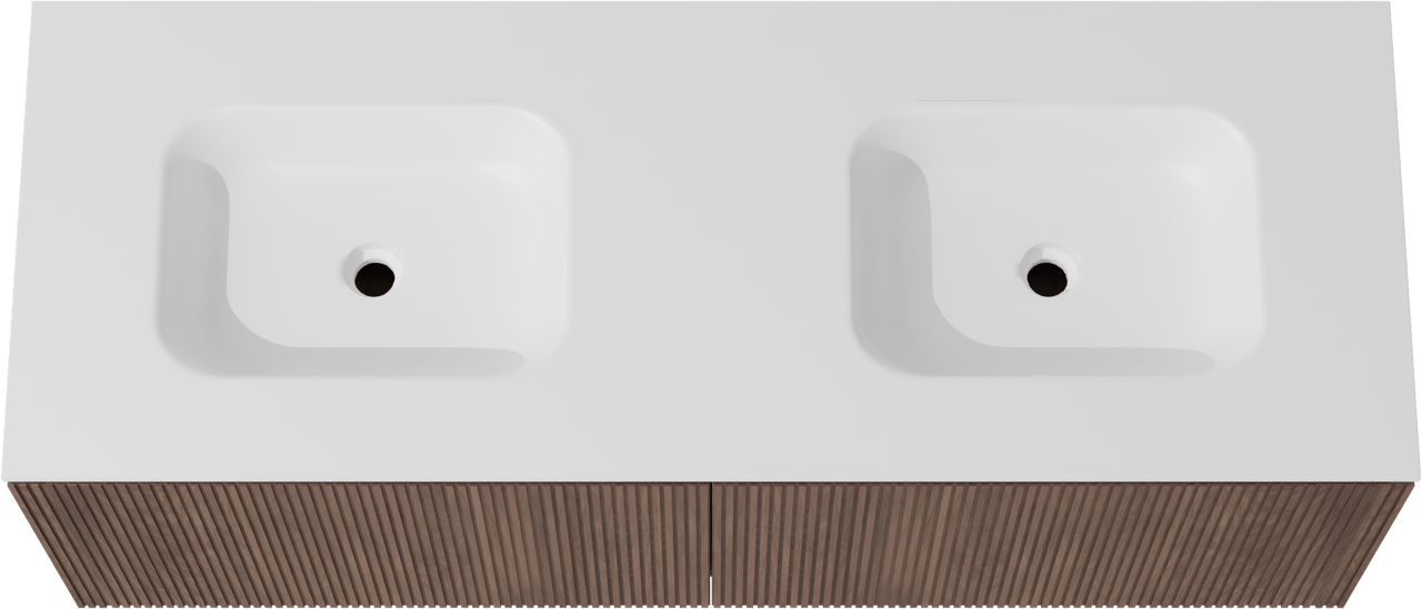 Balmani Eclips meuble salle de bains suspendu 150 x 55 cm Noyer américain avec Tablo Arcato double vasque en Solid Surface blanc mat, Nervure droite symétrique verticale